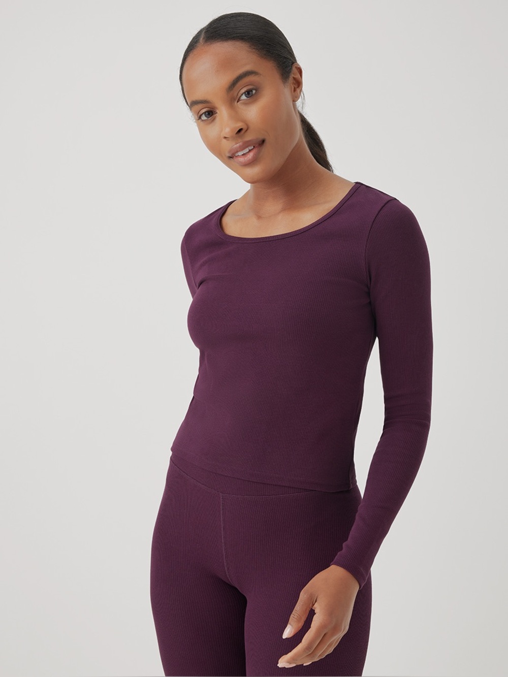 ‼️NWOT: Pact Organic Cotton Cropped Purple Ribbed Long Sleeve Top - S - Picture 2 of 7